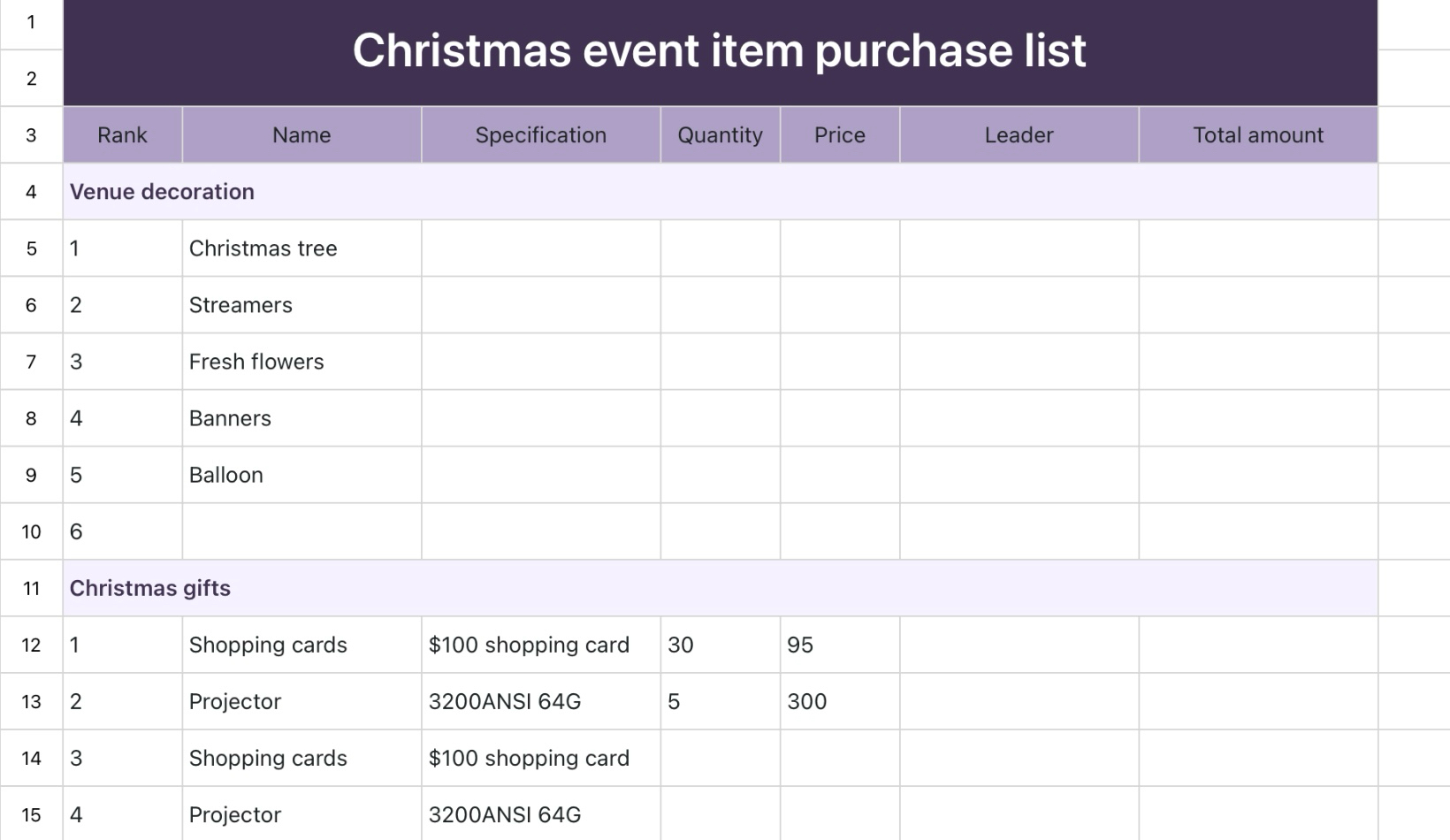 Christmas event item purchase list